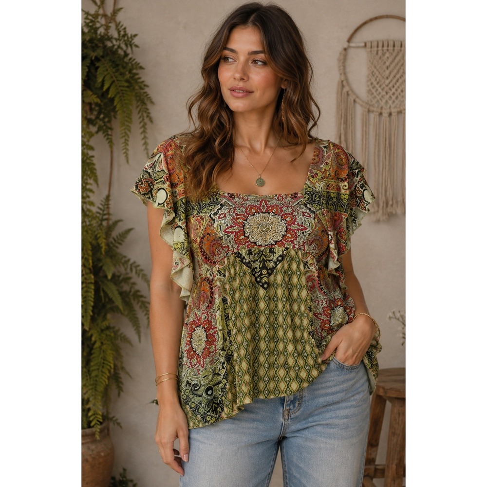 One World Top Womens XL Green Paisley Flutter Sleeve Boho Forest Fairy
